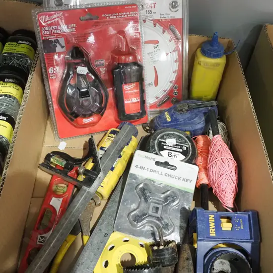 box; circular saw blades, string lines, chalk lines etc