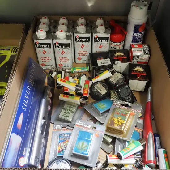 box; lighter fluid, cigarette lighters etc