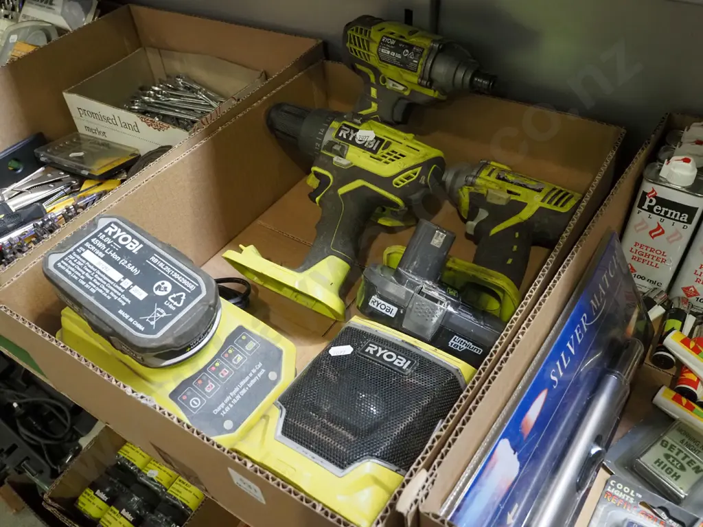 Ryobi battery powered radio, impact drivers, drill, 2 batteries and charger Image 1++