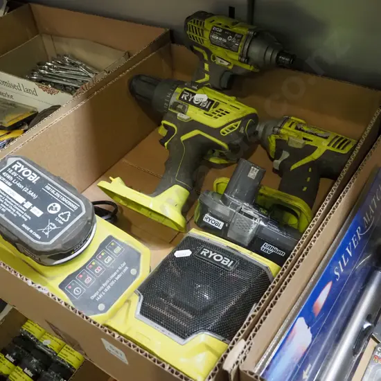 Ryobi battery powered radio, impact drivers, drill, 2 batteries and charger