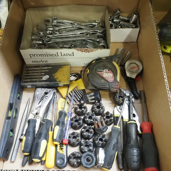 box; ring spanners, crewdrivers, sockets etc