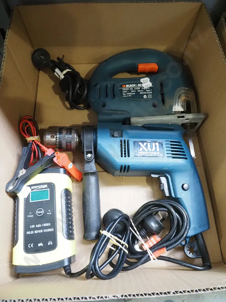 box; power drill, pulse repair battery charger, jigsaw Image 1++
