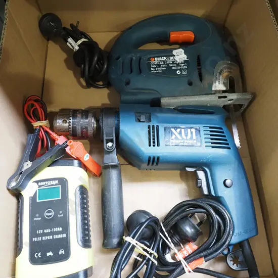 box; power drill, pulse repair battery charger, jigsaw