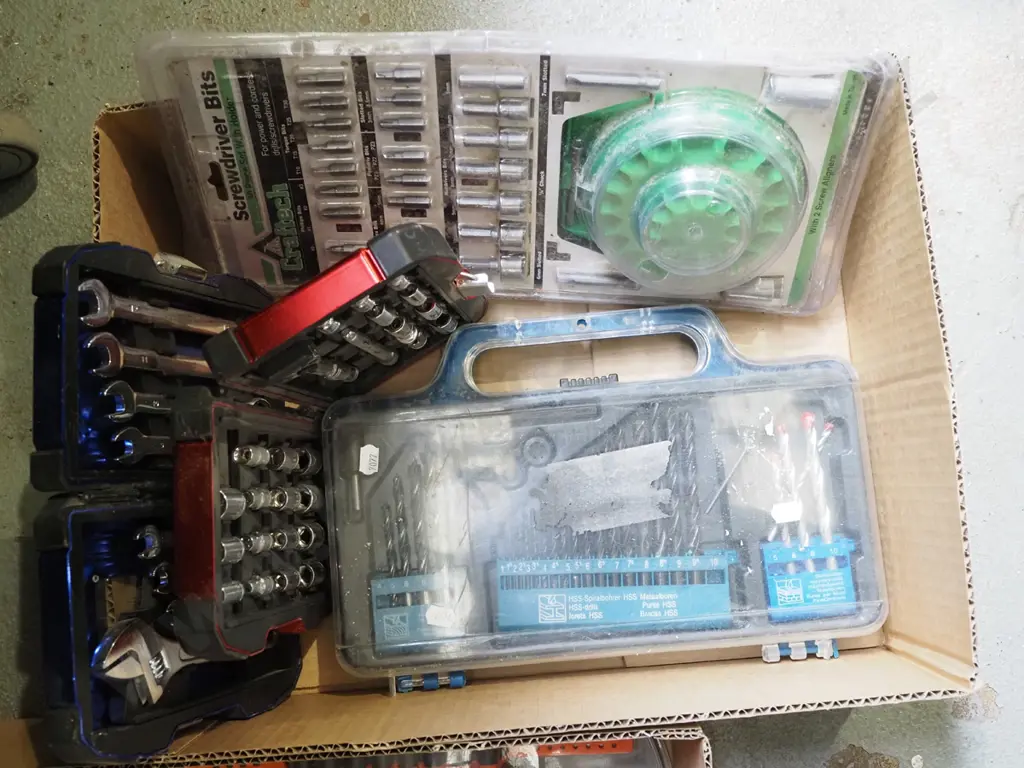 box; drill bits, socket set, spanner set etc Image 1++