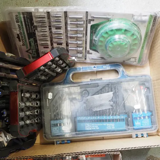box; drill bits, socket set, spanner set etc