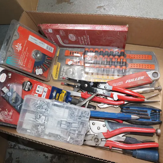 box; drill driver set, adjustable crescents, cold chisel etc