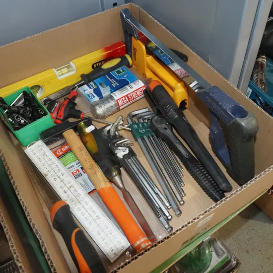 box; hack saw, allen keys, chisels etc