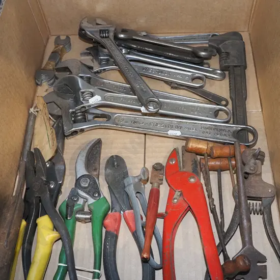 box; tin snips, adjustable crescents, secateurs etc