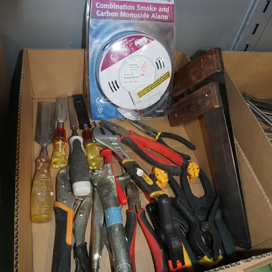 box; smoke alarm, chisels, builder's squares etc
