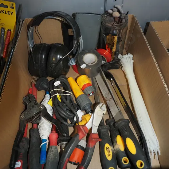 box; brushes, cable ties, soldering iron etc