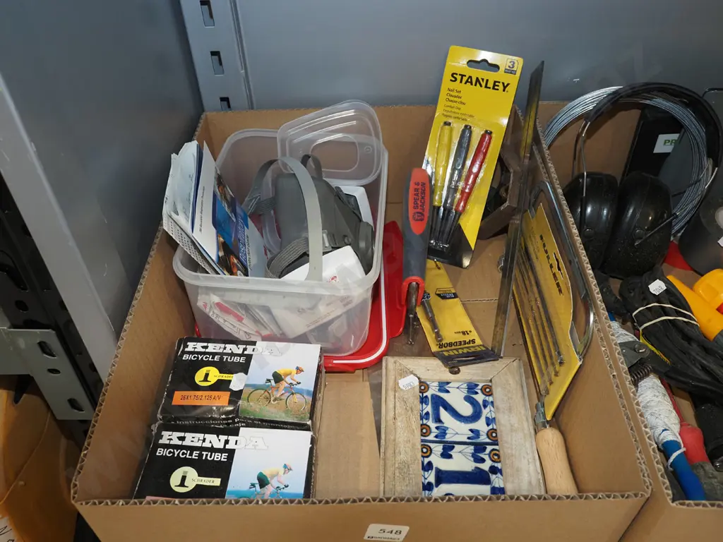 box; 3M respirator mask, nail punches, bicycle tubes etc Image 1++