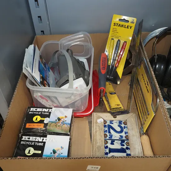 box; 3M respirator mask, nail punches, bicycle tubes etc