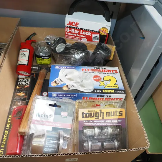 box; security lights, wheel nuts, U-Bar Lock etc