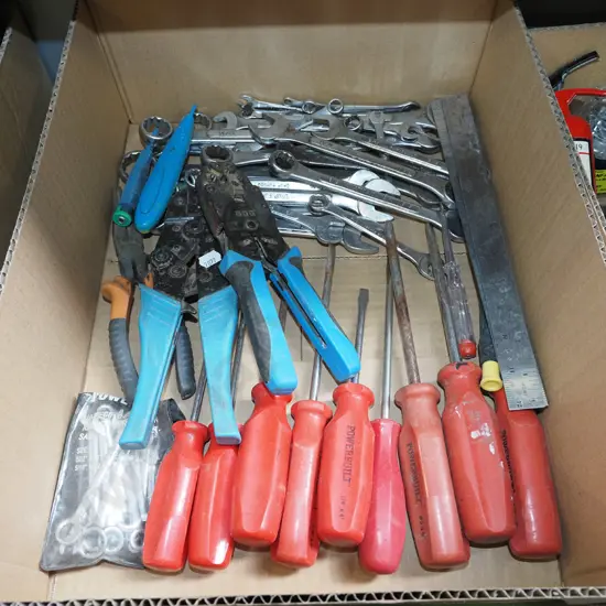 box; screwdrivers, crimping tools, open end spanners etc