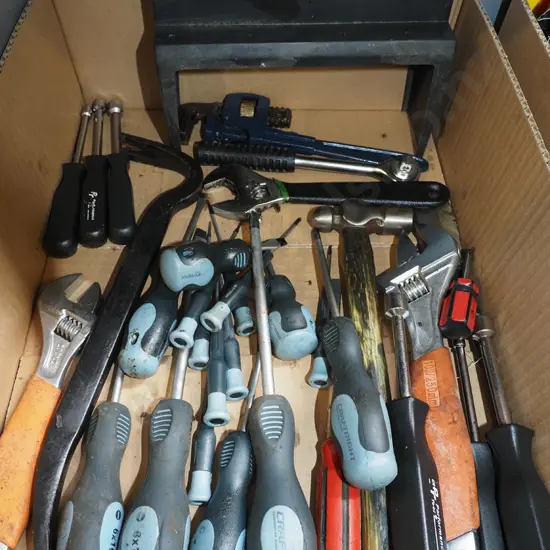 box; screwdrivers, adjustable crescents etc