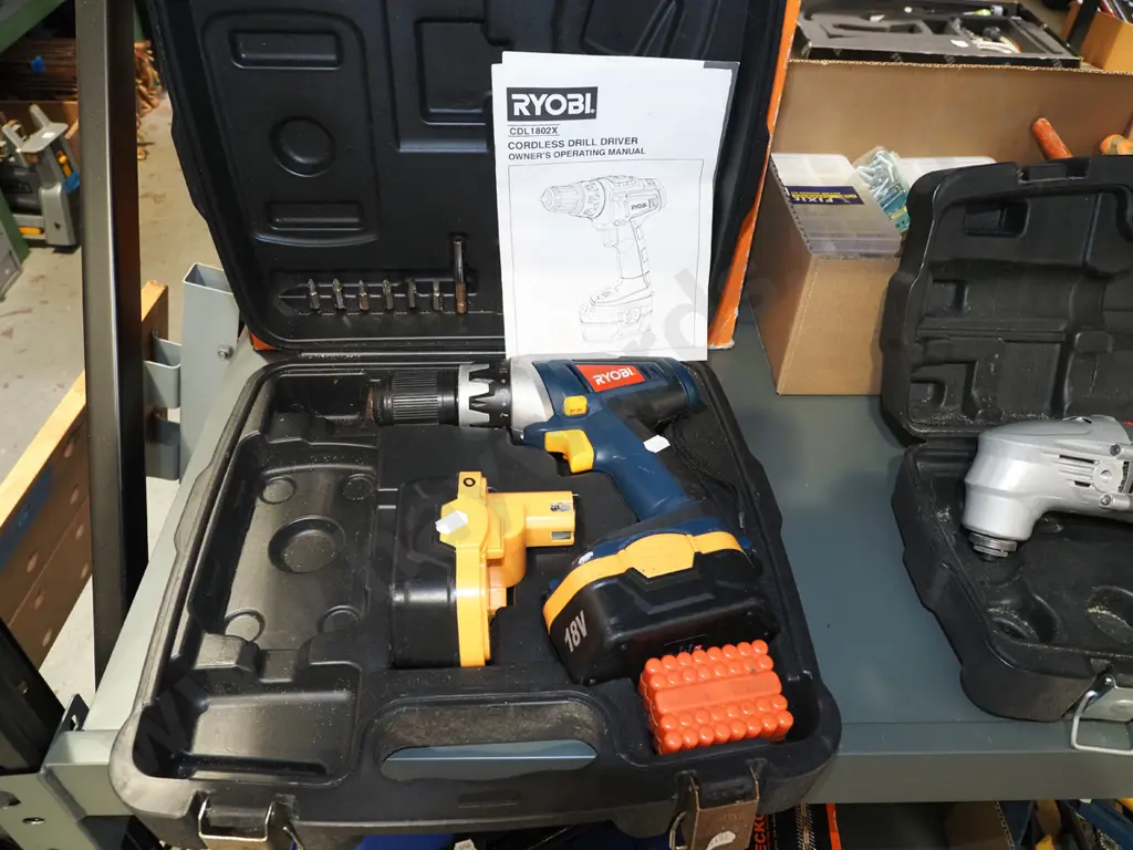 cased Ryobi 18V drill - 2 batteries, no charger Image 1++