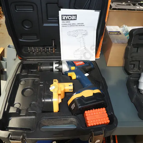 cased Ryobi 18V drill - 2 batteries, no charger