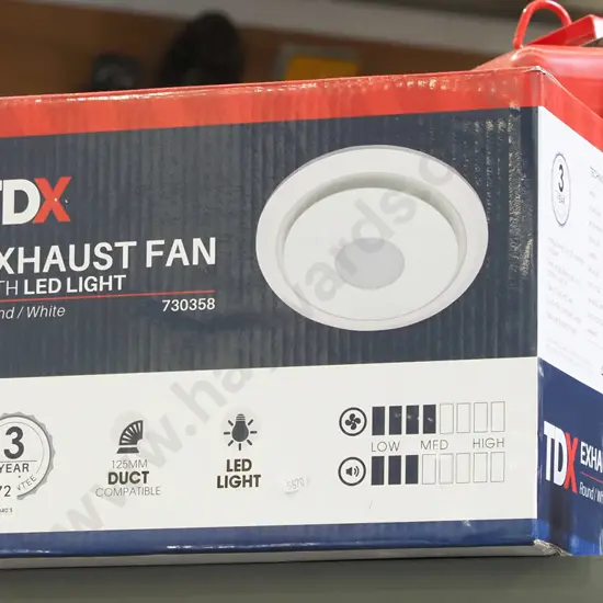boxed TDX exhaust ceiling fan with LED light