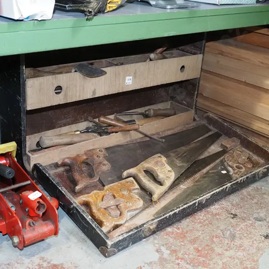 vintage wooden tool box and contents