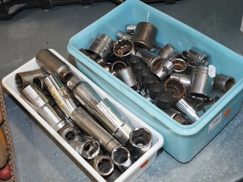 2x plastic tubs of various sockets - orange dots Image 1++