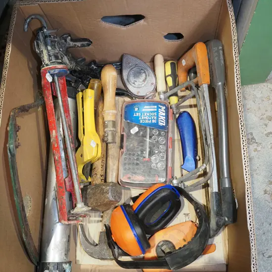 box; hack saws, ear muffs, hammers etc