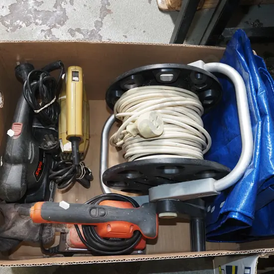 box; tarpaulin, extension cord, sanders etc