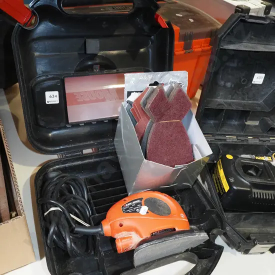 cased Black and Decker mouse sander, box of sanding pads