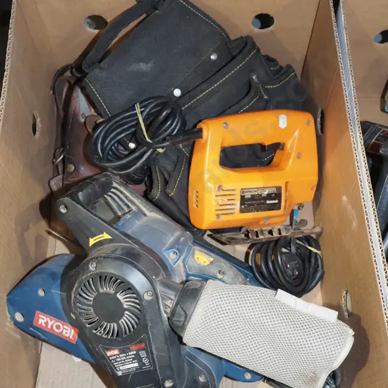 box; belt sander, jig saw, builder's belt