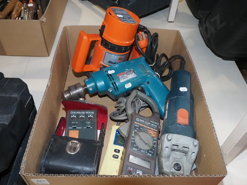 box; electrical meters, drill, angle grinder, router Image 1++