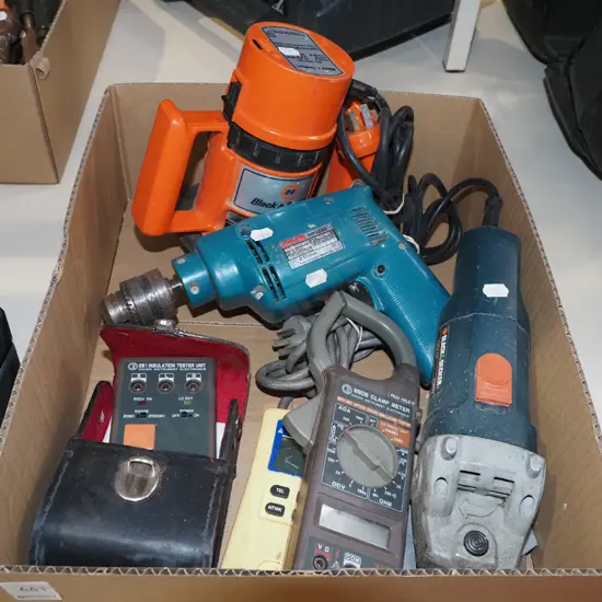box; electrical meters, drill, angle grinder, router