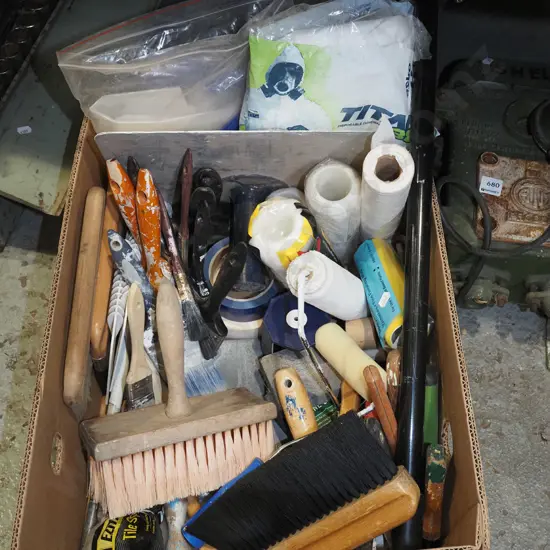 box; paint, brushes, drop sheets, sanding block etc