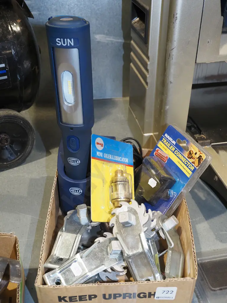 box; mini oil lubricator, trailer connector, rechargable LED torch, permanent wire strainers Image 1++
