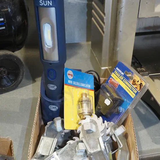 box; mini oil lubricator, trailer connector, rechargable LED torch, permanent wire strainers
