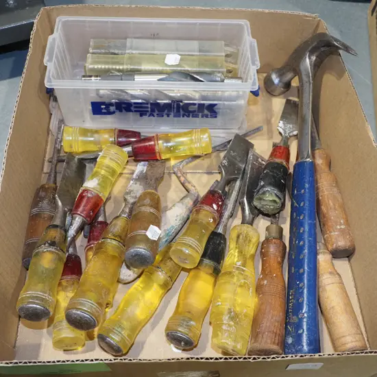 box; hammer, chisel, drill bits