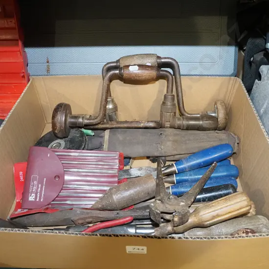 box; brace, bits, chisels etc