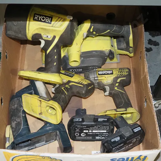 box; Ryobi battery tools - rattle gun, impact driver, torch, planer - 2 batteries, no charger