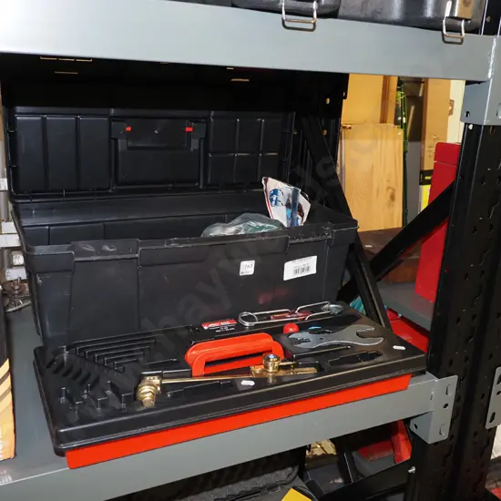 BOC tool box and contents; welding gloves, hoses, torch etc
