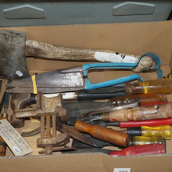box; hatchet, chisels, small hobby vice etc