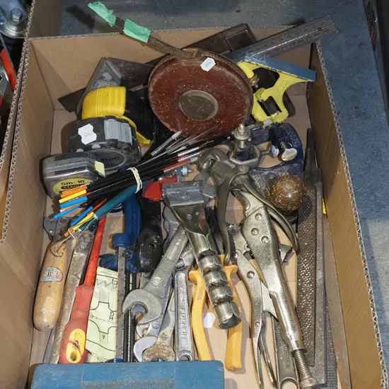 box; open end and ring spanners, vice grips etc