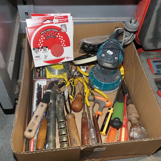 box; paint scrapers, pliers, orbital sander, sanding discs etc