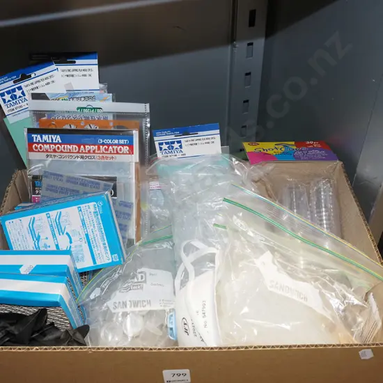 box; dust masks, modelling sponges, small clamps etc