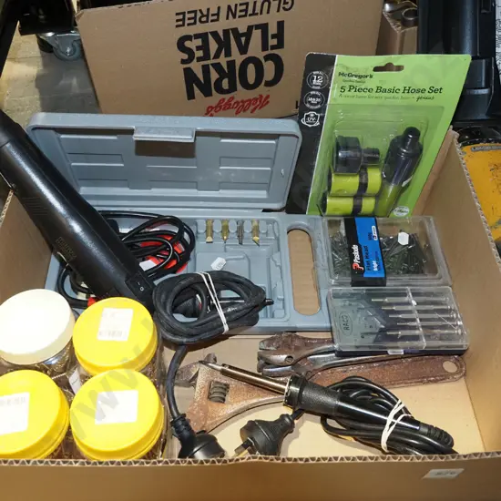 box; soldering irons, hose attachments etc