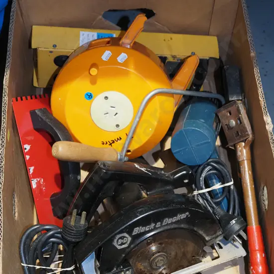 box; extension cord, circular saw, heat gun etc