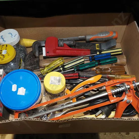 box; caulking gun, screwdrivers, nails etc