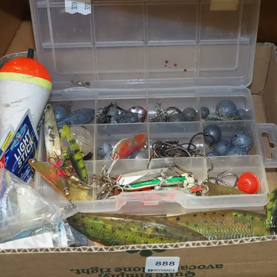 box; fishing lures, sinkers etc