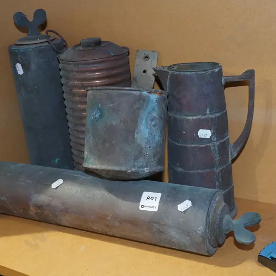 vintage copper canisters, jug, pail