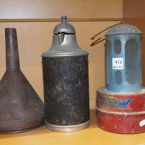 vintage copper funnel, thermos, glasshouse heater