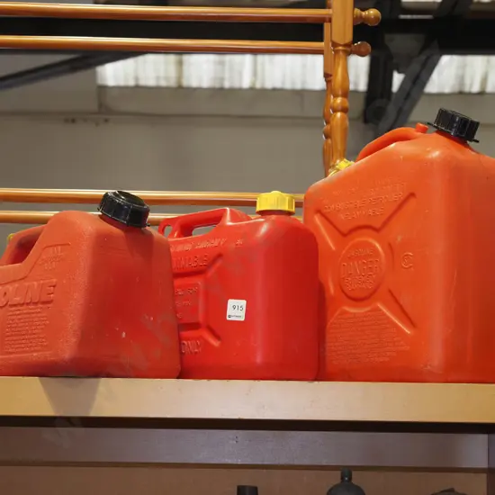 10L and 2x 5L red plastic petrol containers