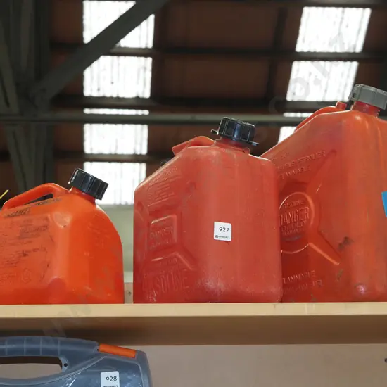 2x red plastic 5L petrol cans, 10L petrol cans