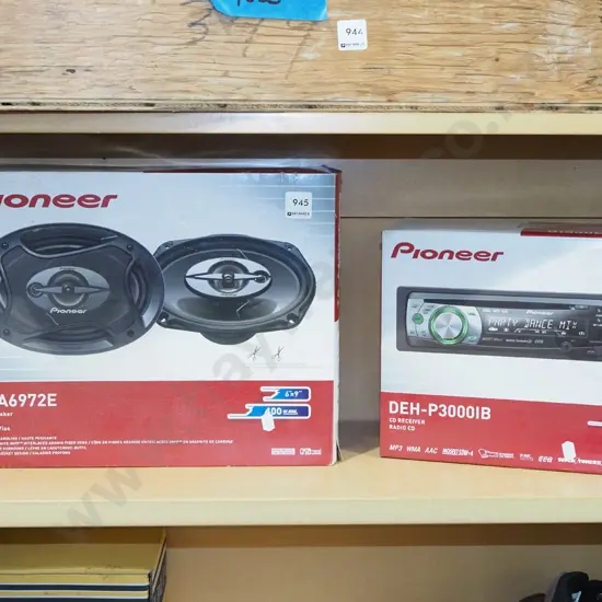 box; Pioneer CD receiver and 2x boxed 3 way speakers